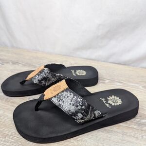 Yellow Box Black Paisley Flip Flop Sandals with Tan Accent